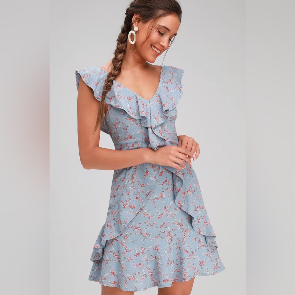 Lulu’s Radiant Rosa Light Blue Floral Print Ruffled Mini Dress